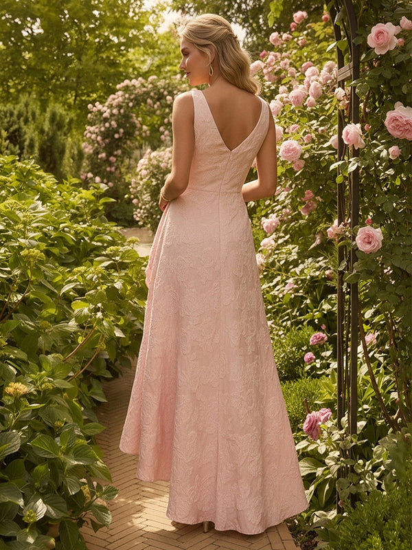 Satin Jacquard Pleated A Line Bridesmaid Dresses with Ruffles