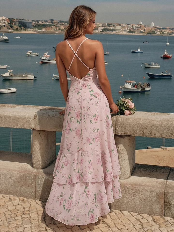 Chiffon Floral Pleated A Line Formal Dresses with Ruffles