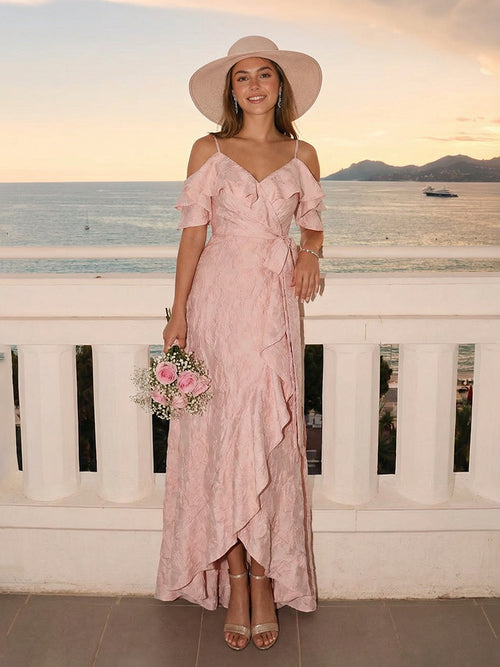 Satin Jacquard Off Shoulder Ruffles Long Bridesmaid Dresses with Slit