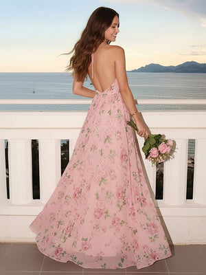 Chiffon Floral Halter Pleated Long Wedding Guest Dresses with Slit