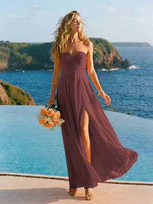 Chiffon Strapless Pleated Long Bridesmaid Dresses with Slit
