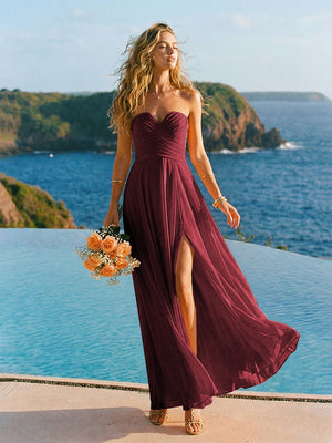 Chiffon Strapless Pleated Long Bridesmaid Dresses with Slit