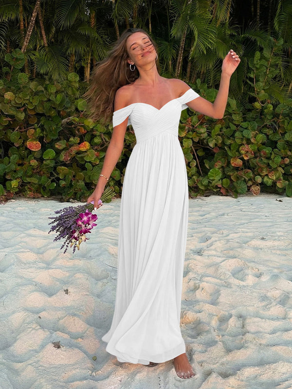 Chiffon Off Shoulder Pleated Long Bridesmaid Dresses