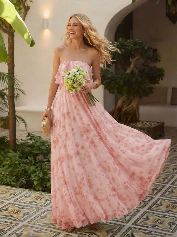 Floral Chiffon Strapless Pleated Long Formal Dresses