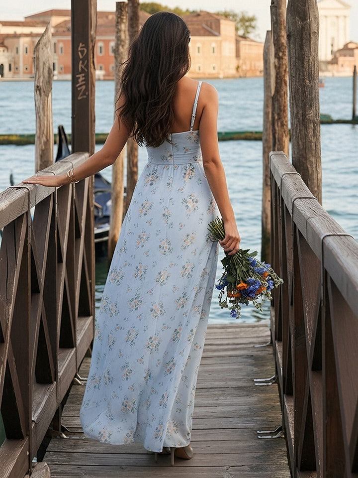 Floral Chiffon Spaghetti Straps Long Formal Dresses