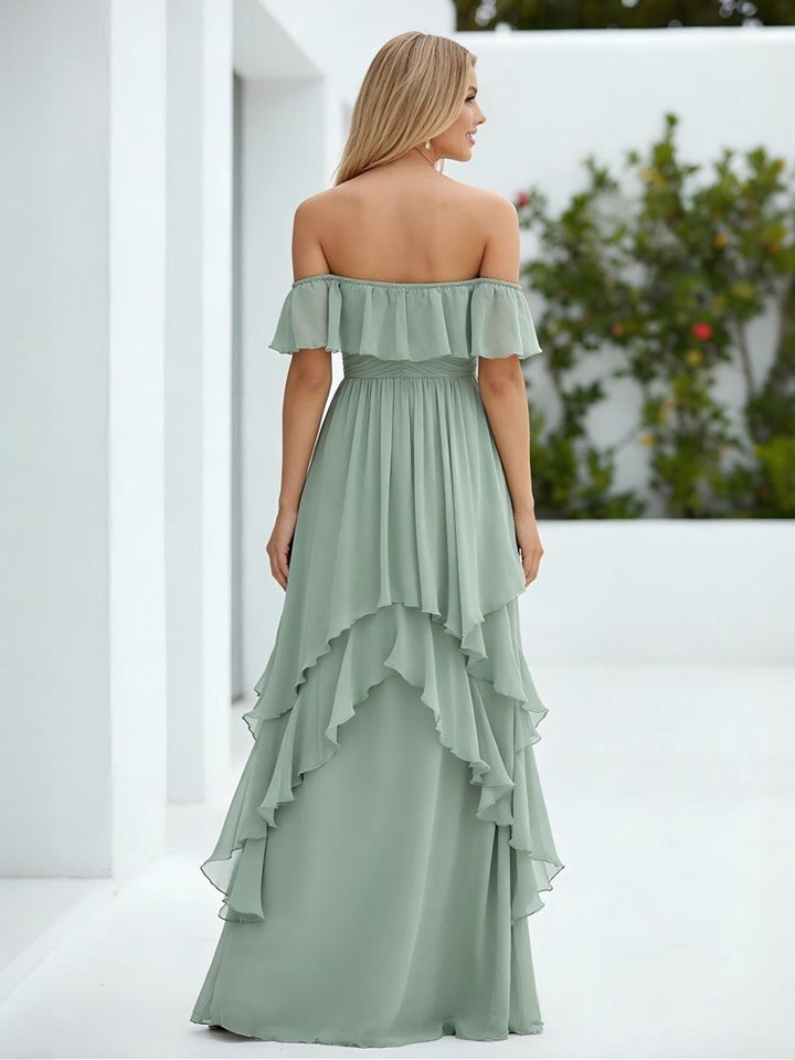 Chiffon Off the Shoulder Pleated Tiered Formal Dresses