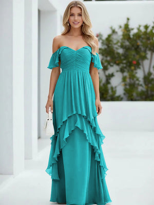 Chiffon Off the Shoulder Pleated Tiered Bridesmaid Dresses