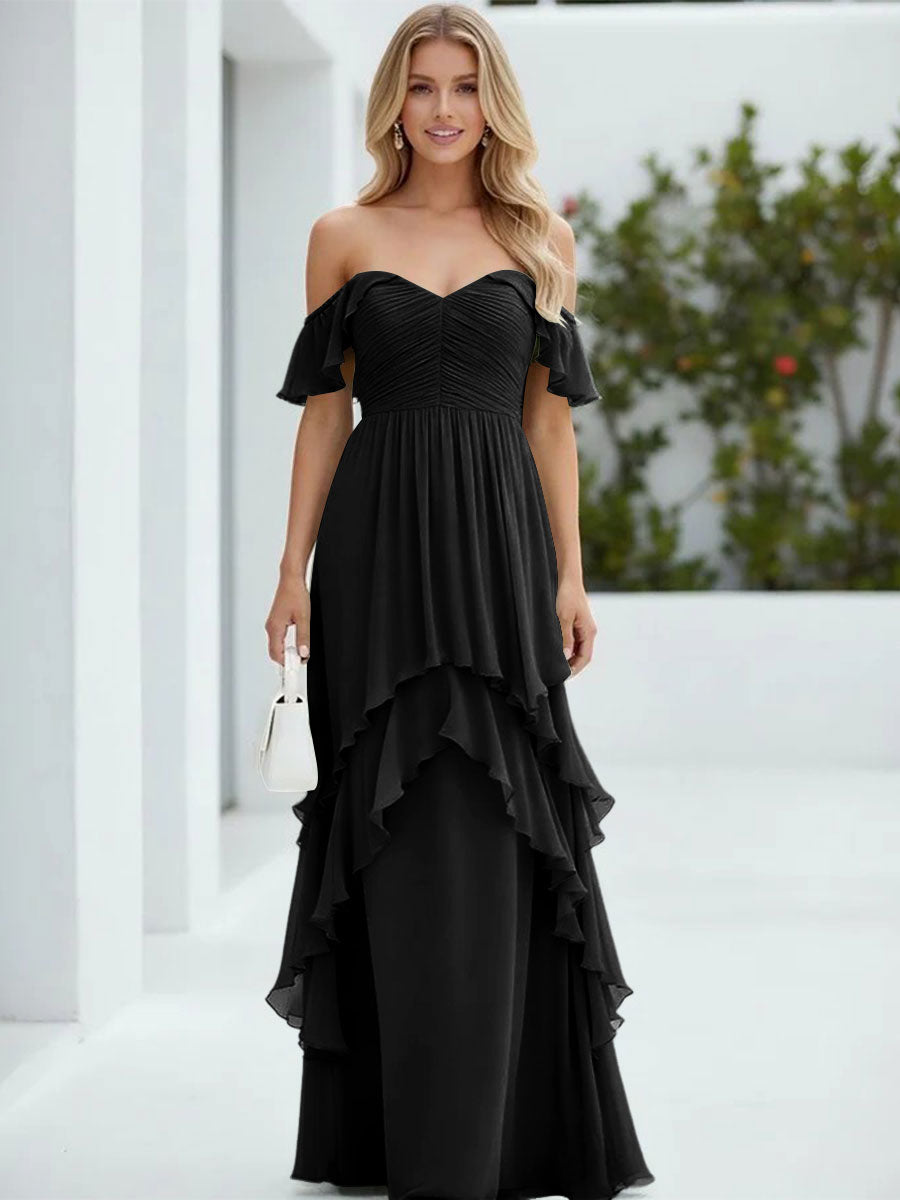 Chiffon Off the Shoulder Pleated Tiered Formal Dresses