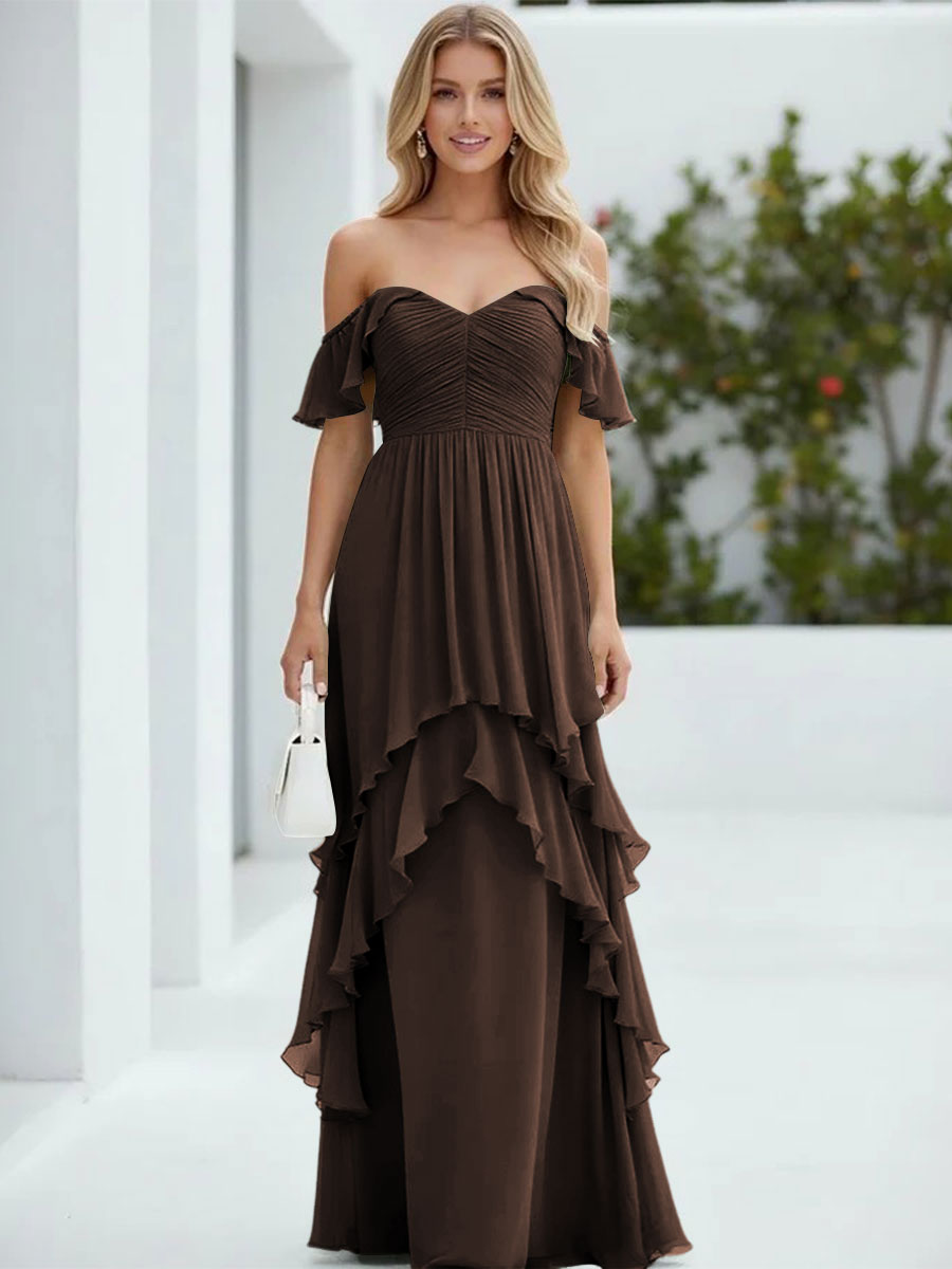 Chiffon Off the Shoulder Pleated Tiered Formal Dresses