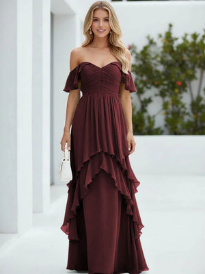 Chiffon Off the Shoulder Pleated Tiered Bridesmaid Dresses