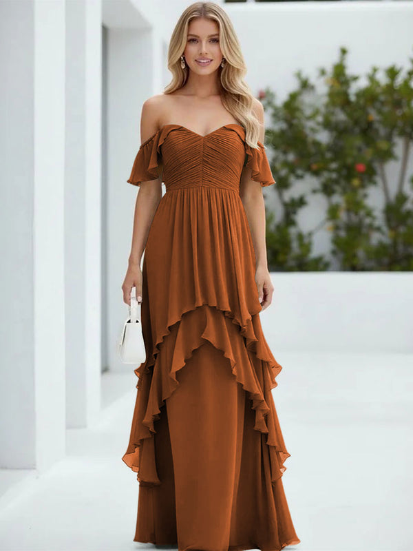 Chiffon Off the Shoulder Pleated Tiered Bridesmaid Dresses