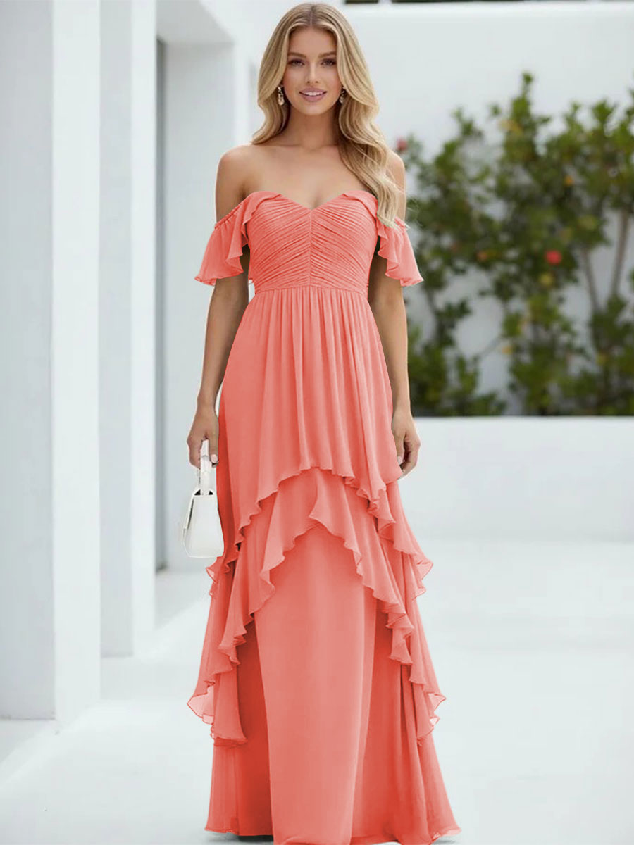 Chiffon Off the Shoulder Pleated Tiered Formal Dresses