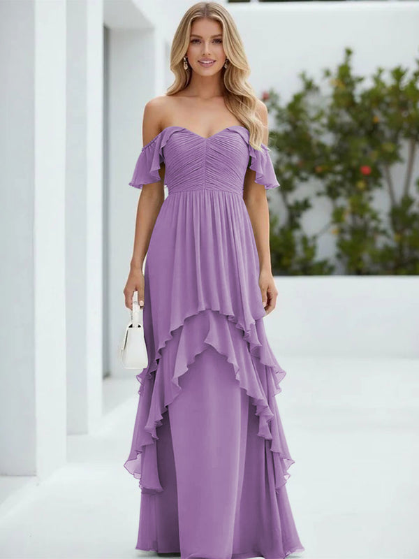 Chiffon Off the Shoulder Pleated Tiered Bridesmaid Dresses