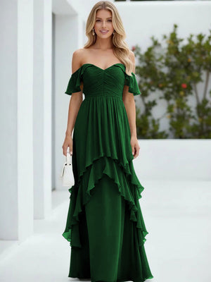 Chiffon Off the Shoulder Pleated Tiered Bridesmaid Dresses