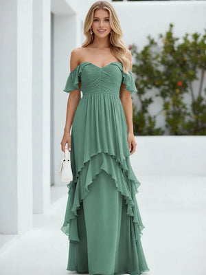 Chiffon Off the Shoulder Pleated Tiered Bridesmaid Dresses