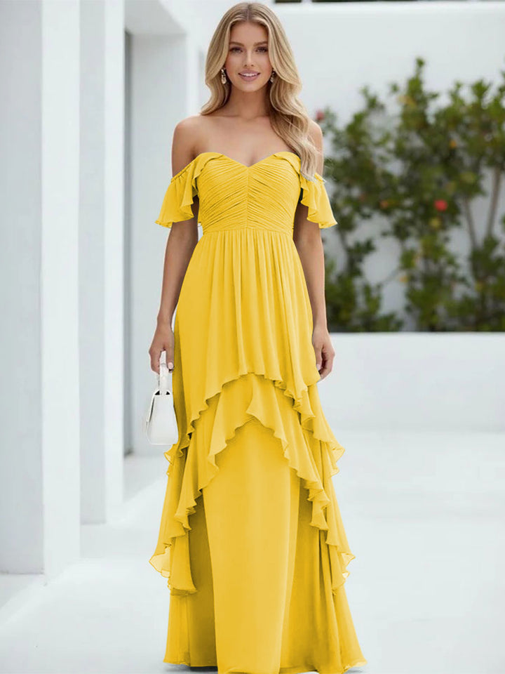 Chiffon Off the Shoulder Pleated Tiered Formal Dresses