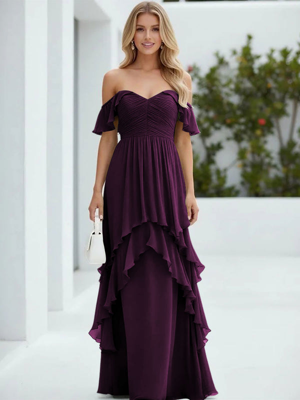 Chiffon Off the Shoulder Pleated Tiered Bridesmaid Dresses