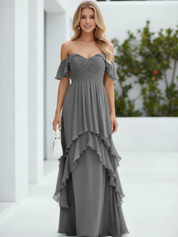 Chiffon Off the Shoulder Pleated Tiered Bridesmaid Dresses