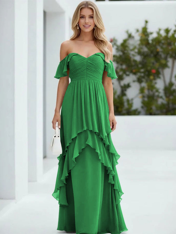 Chiffon Off the Shoulder Pleated Tiered Formal Dresses