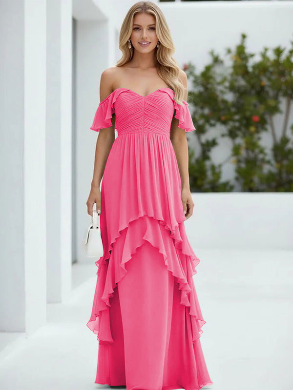 Chiffon Off the Shoulder Pleated Tiered Bridesmaid Dresses