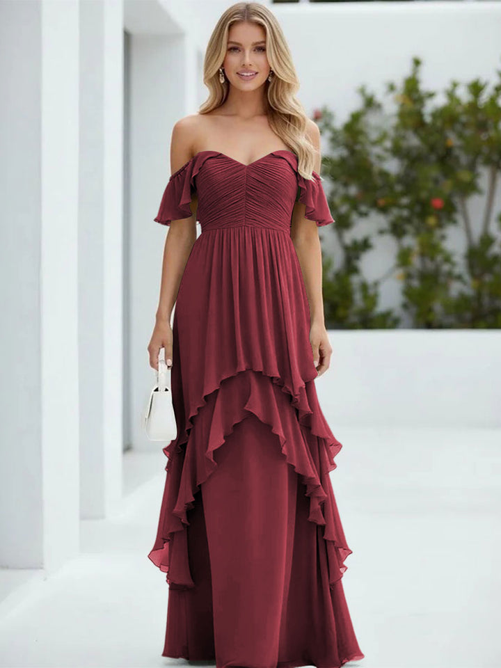 Chiffon Off the Shoulder Pleated Tiered Formal Dresses