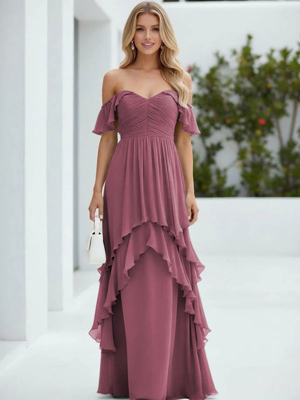 Chiffon Off the Shoulder Pleated Tiered Bridesmaid Dresses