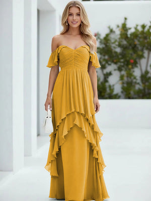 Chiffon Off the Shoulder Pleated Tiered Bridesmaid Dresses