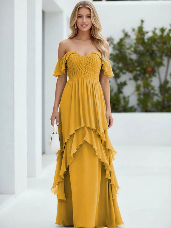 Chiffon Off the Shoulder Pleated Tiered Bridesmaid Dresses