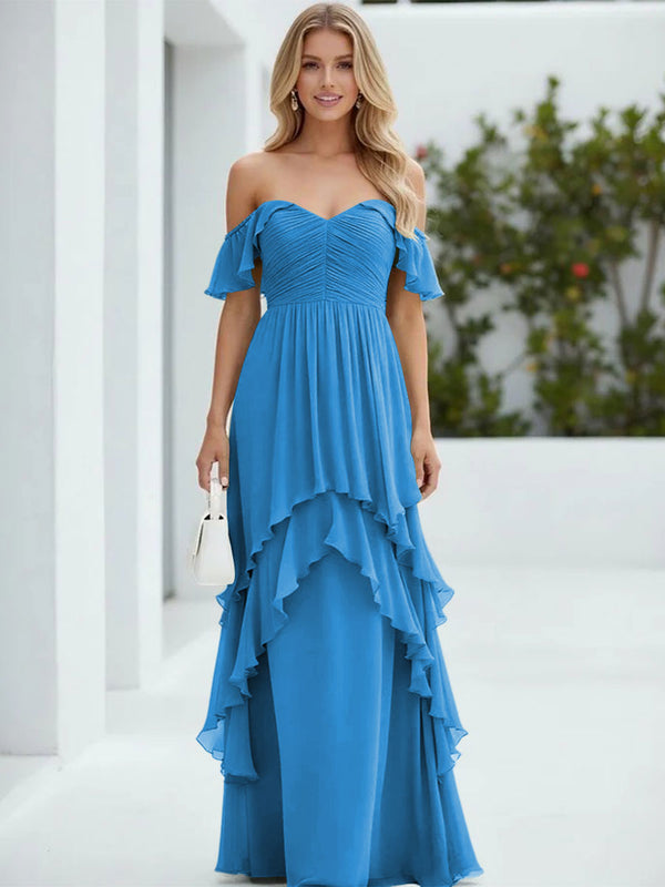 Chiffon Off the Shoulder Pleated Tiered Bridesmaid Dresses