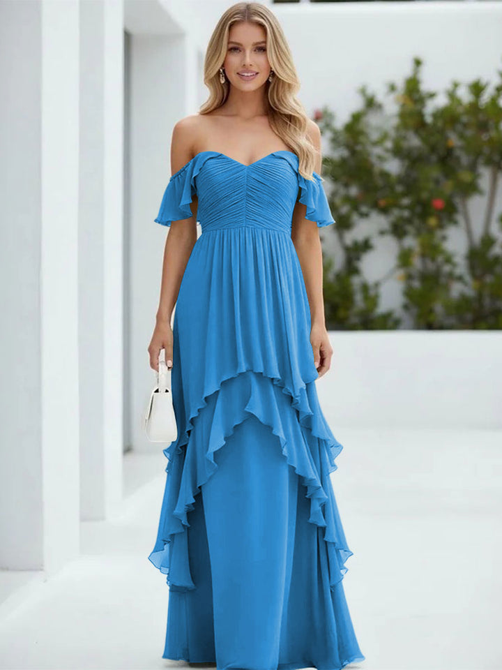 Chiffon Off the Shoulder Pleated Tiered Formal Dresses