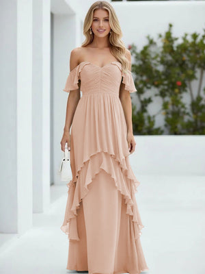 Chiffon Off the Shoulder Pleated Tiered Bridesmaid Dresses