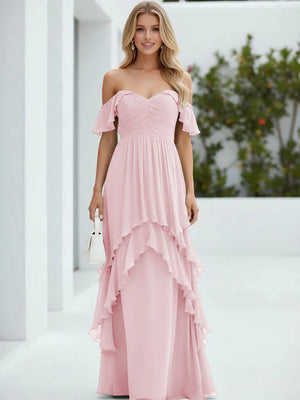 Chiffon Off the Shoulder Pleated Tiered Bridesmaid Dresses