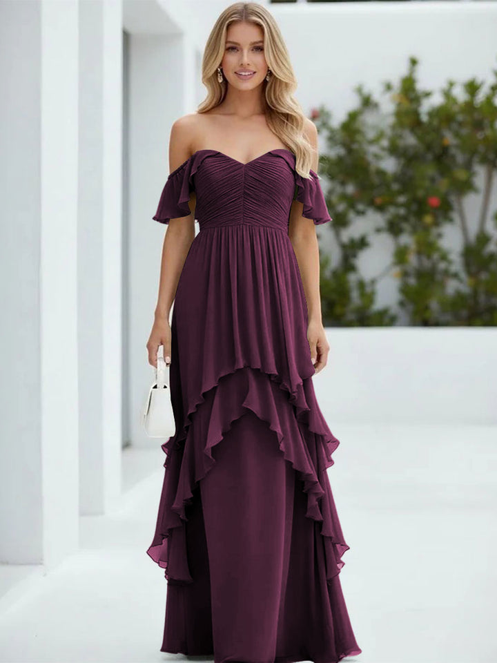 Chiffon Off the Shoulder Pleated Tiered Formal Dresses