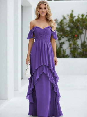 Chiffon Off the Shoulder Pleated Tiered Bridesmaid Dresses