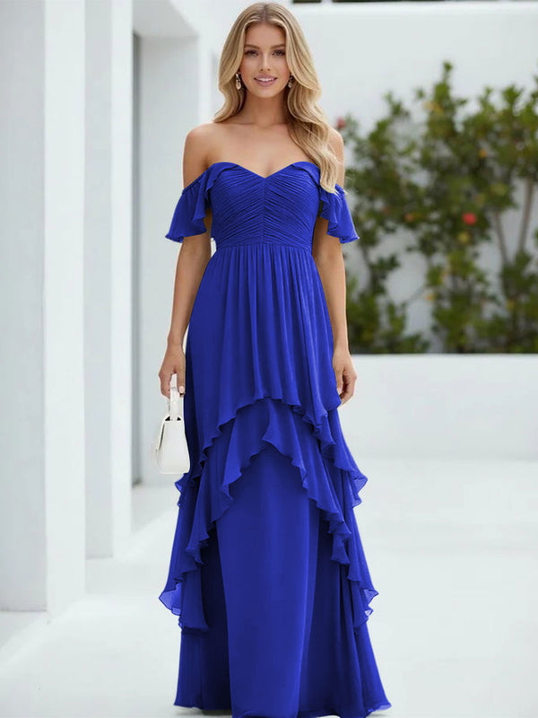 Chiffon Off the Shoulder Pleated Tiered Bridesmaid Dresses