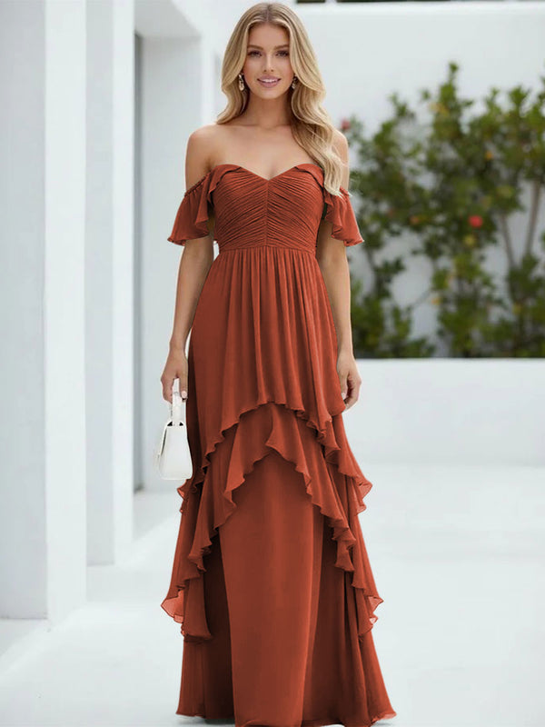 Chiffon Off the Shoulder Pleated Tiered Bridesmaid Dresses