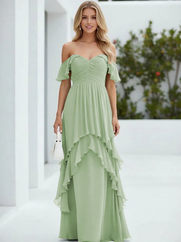 Chiffon Off the Shoulder Pleated Tiered Bridesmaid Dresses