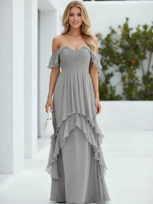 Chiffon Off the Shoulder Pleated Tiered Bridesmaid Dresses