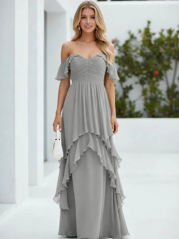 Chiffon Off the Shoulder Pleated Tiered Bridesmaid Dresses