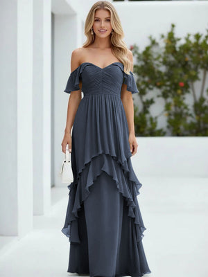 Chiffon Off the Shoulder Pleated Tiered Bridesmaid Dresses