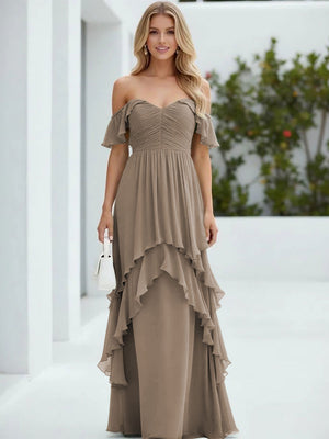 Chiffon Off the Shoulder Pleated Tiered Bridesmaid Dresses