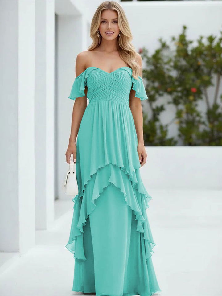 Chiffon Off the Shoulder Pleated Tiered Formal Dresses
