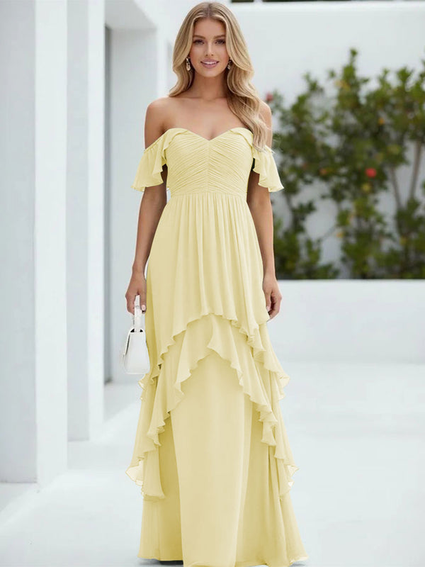 Chiffon Off the Shoulder Pleated Tiered Bridesmaid Dresses