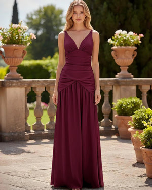 Satin V Neck Corset Ruffles Pleated Bridesmaid Dresses