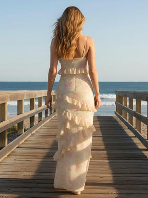 Spaghetti Straps Floral Ruffles Bridesmaid Dresses