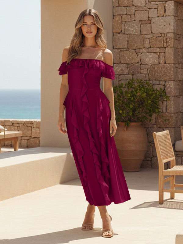 Ruffles Chiffon Off the Shoulder A Line Bridesmaid Dresses