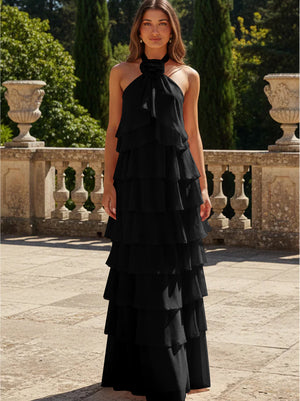 Chiffon 3D Flowers Halter Tiered Ruffles Bridesmaid Dresses