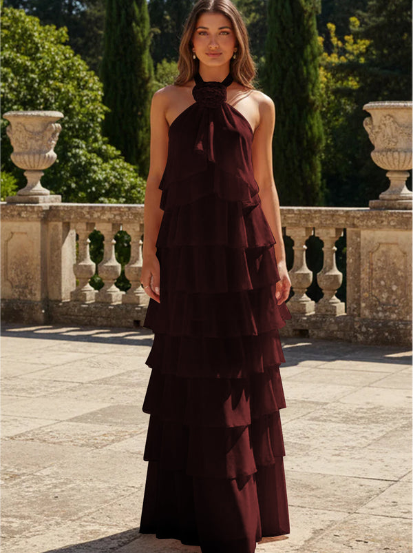 Chiffon 3D Flowers Halter Tiered Ruffles Bridesmaid Dresses