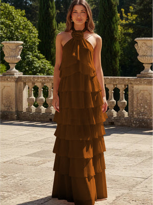 Chiffon 3D Flowers Halter Tiered Ruffles Bridesmaid Dresses
