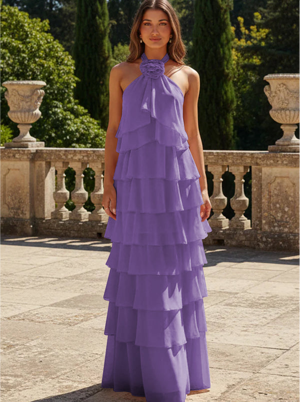 Chiffon 3D Flowers Halter Tiered Ruffles Bridesmaid Dresses